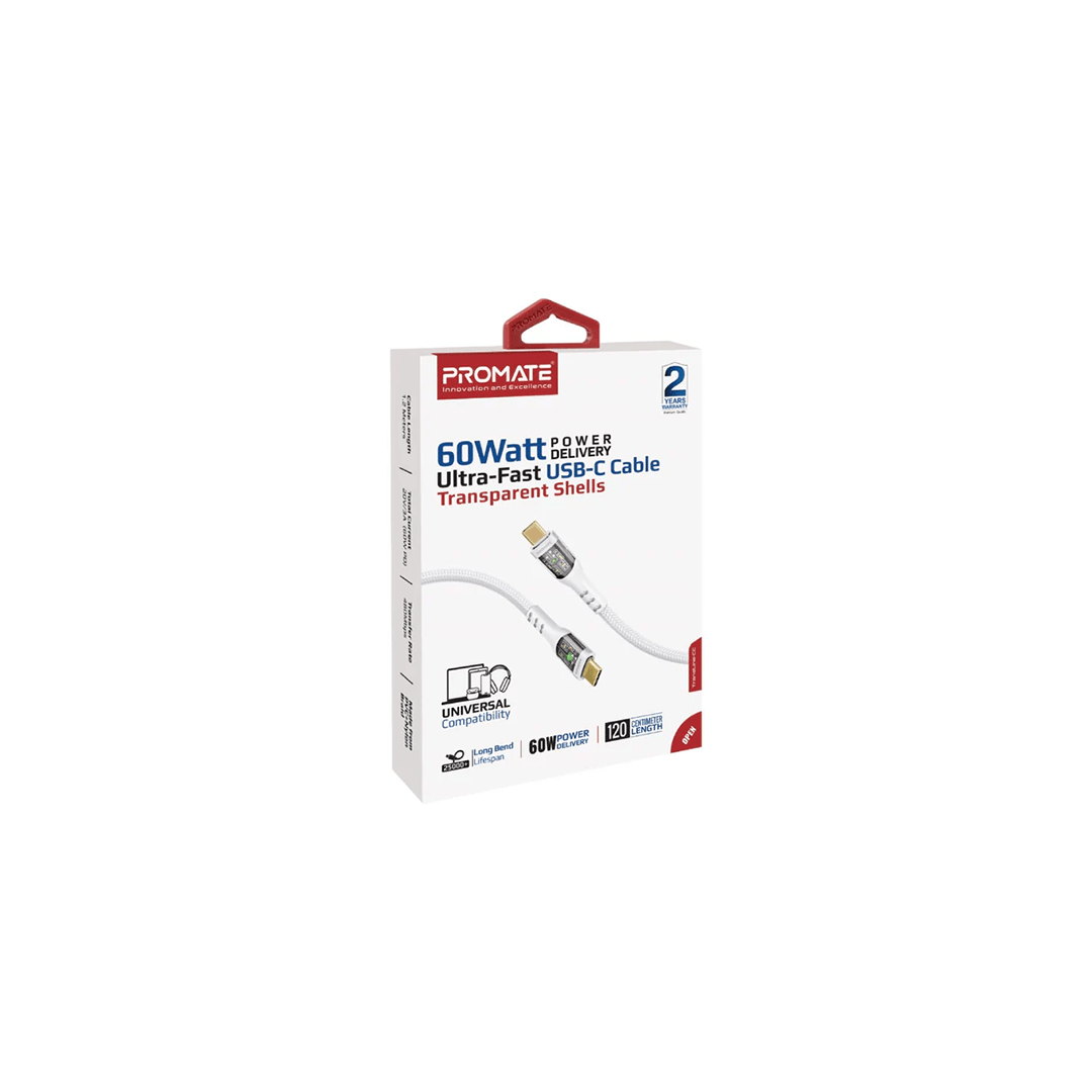 Promate TransLine-CC 60W Power Delivery Ultra-Fast USB-C Cable with Transparent Shells in Qatar Promate TransLine-CC 60W Power Delivery Ultra-Fast USB-C Cable with Transparent Shells in Qatar